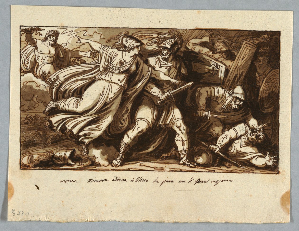 Blad uit een Schetsboek: Minerva Beveelt Ulysses om Vrede te Sluiten met de Vrijers van Penelope (Minerva induce Ulisse alla pace con i Proci) door Felice Giani