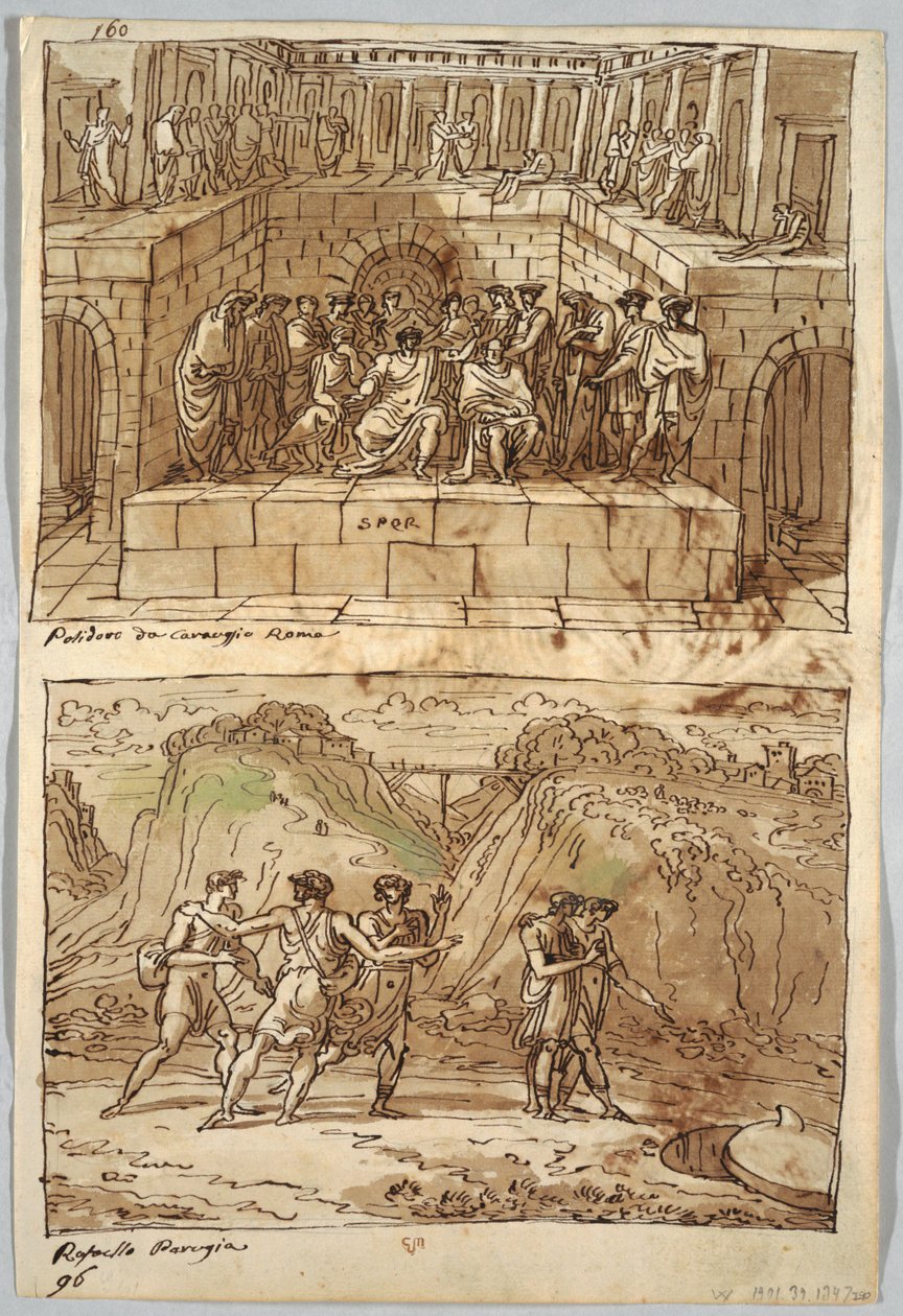 Schetsboekpagina, Folio 98: Twee schilderijen naar Caravaggio en Raphael; Verso: Adelaar en os door Felice Giani