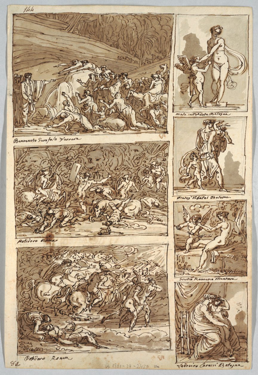 Schetsboekpagina: Studies naar Schilderijen in Ferrara, Rome, Bologna, Mantua naar Kunstenaars Tibaldi, Raphael, Andrea del Sarto en Polidoro; Verso: Vogelskelet en Paardenhoofd door Felice Giani
