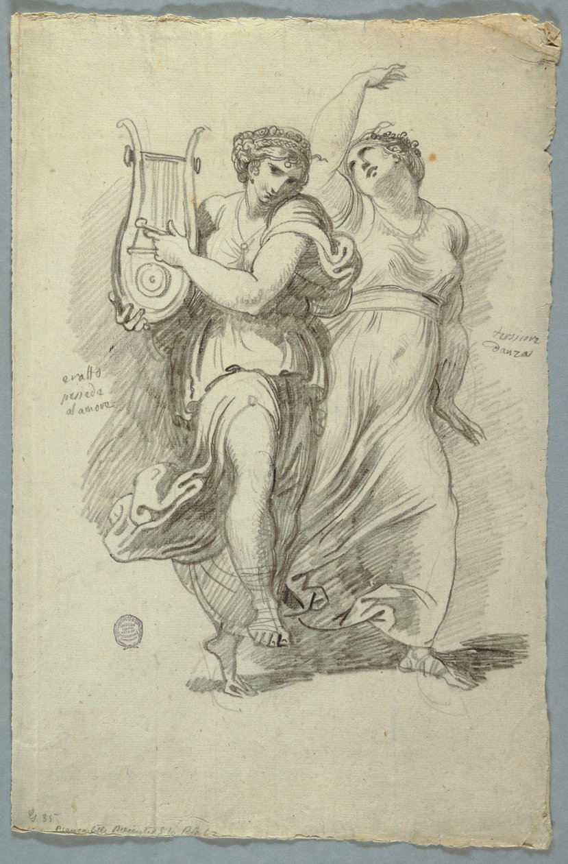 Terpsichore, muze van dans en Erato, muze van liefdespoëzie door Felice Giani