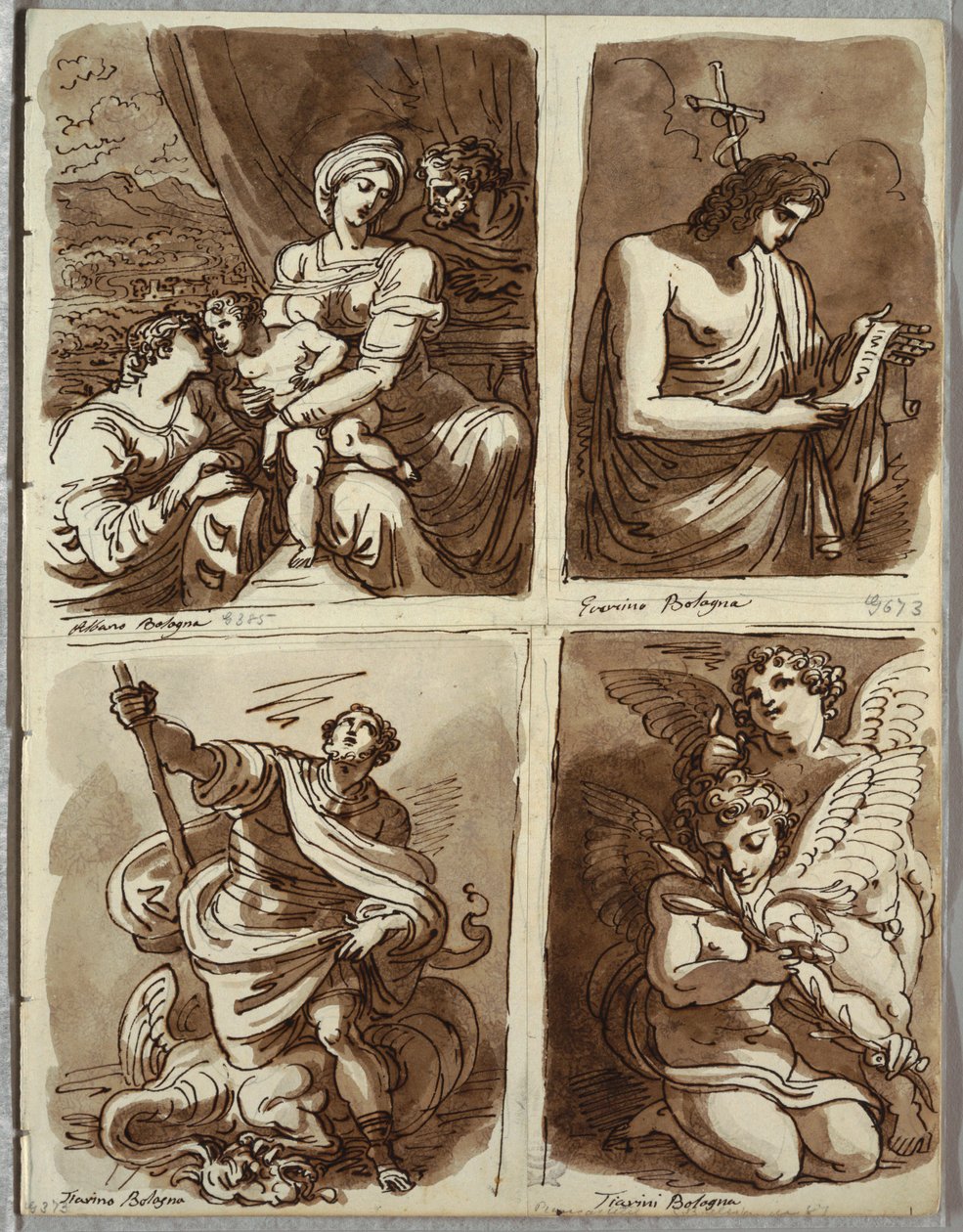 De Heilige Familie met Sint Catharina; St. Johannes de Doper, naar Guercino; St. Joris en de Draak, naar Alessandro Tiarini; Twee Putti door Felice Giani