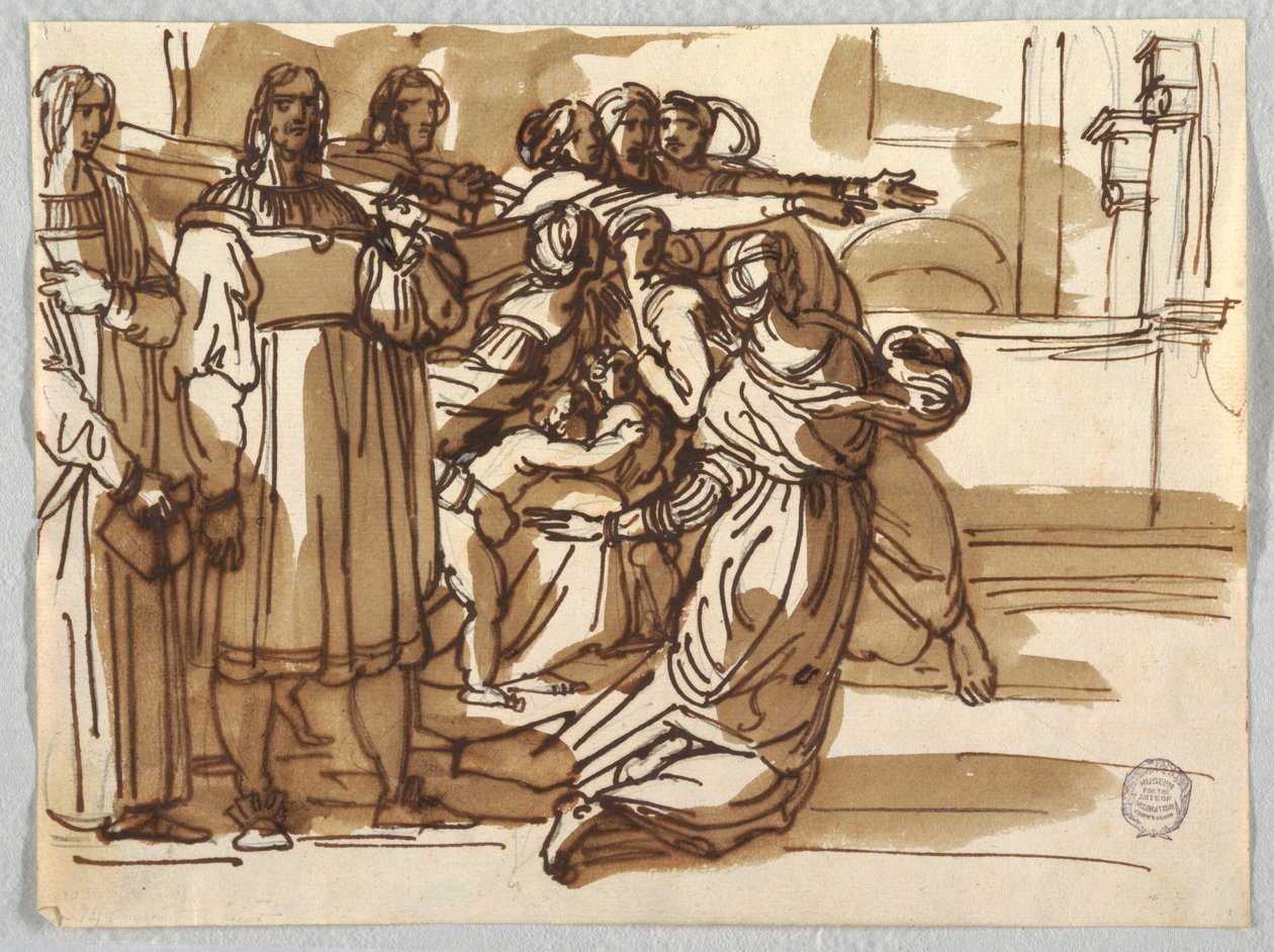 De Prelaat en Krukdragers en Vrouwen bij hen in "Verdrijving van Heliodorus" naar Raphael Sanzio door Felice Giani