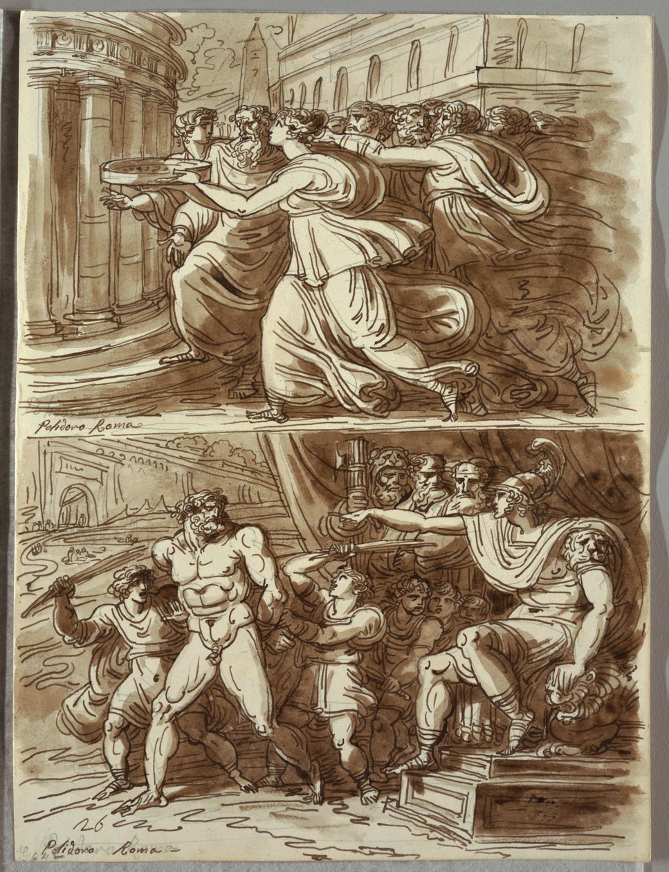 De Vestal Tuccia draagt water in een zeef; Twee studies naar Polidoro da Caravaggio door Felice Giani