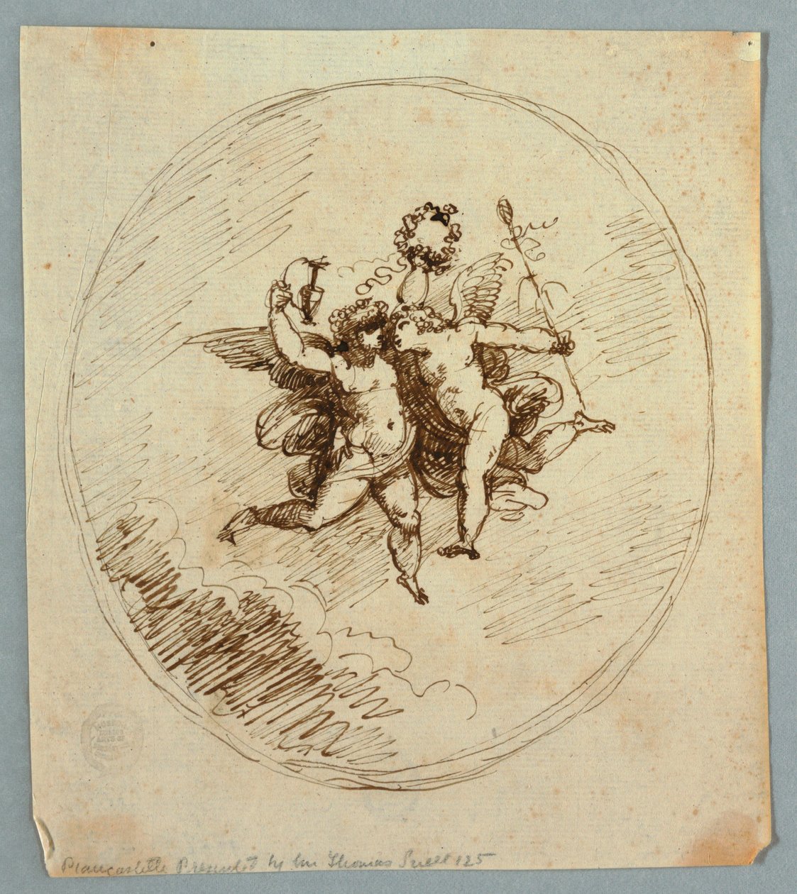 Twee vliegende putti met attributen van Dionysus door Felice Giani