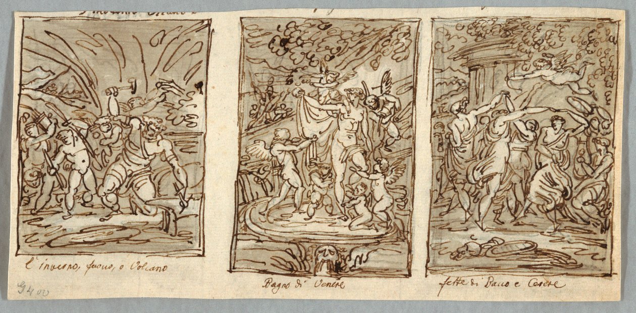 Winter, de smidse van Vulcanus, Lente, het bad van Venus, Zomerfeesten van Bacchus en Ceres door Felice Giani