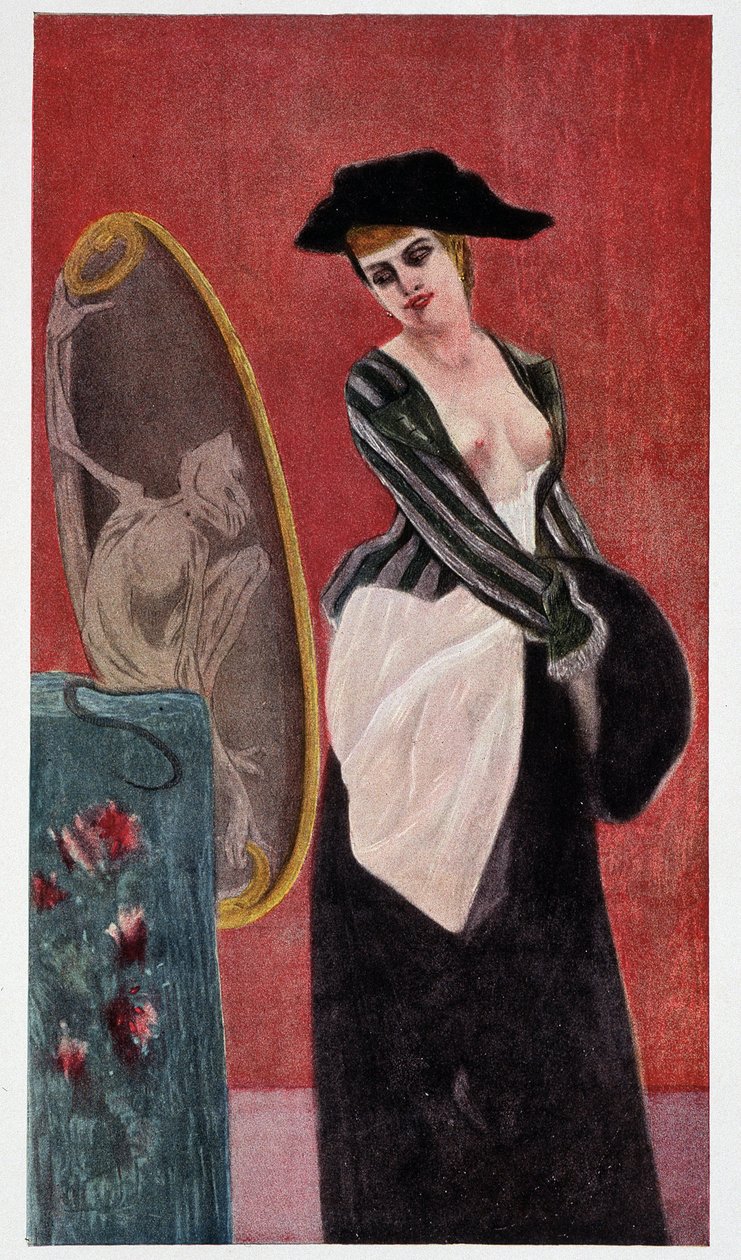 De demon van hebzucht: een monsterlijke weerspiegeling van een vrouw die zichzelf in een spiegel bekijkt, 