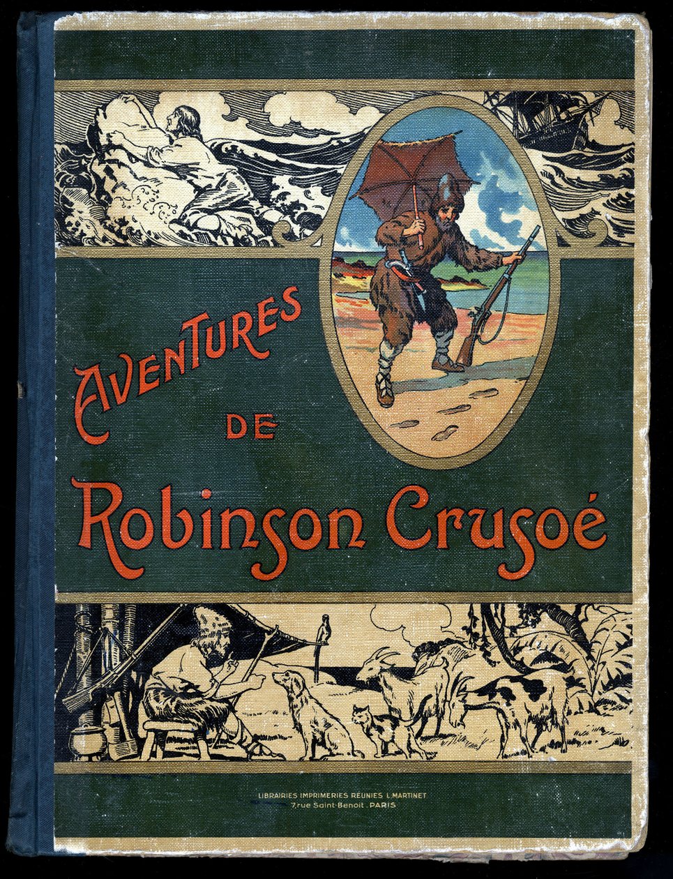 Boekomslag Robinson Crusoe: Illustratie door Felician MYRBACH MYRBACH RHEINFELD (1853-1940) Voor het Boek van Daniel Defoe (De foe) Robinson Crusoe. Bibliotheque de la Jeunesse et de l