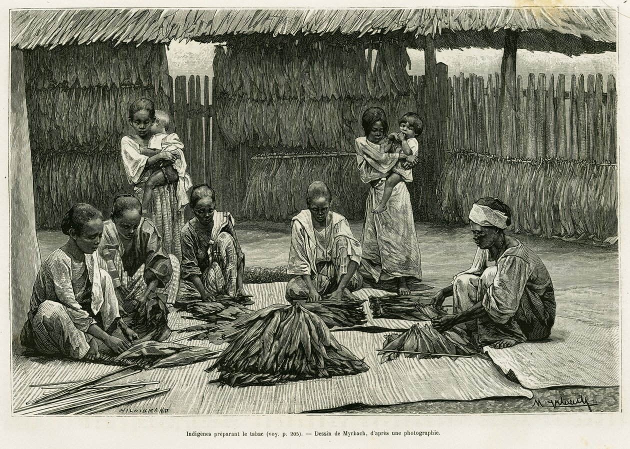 Inheemse mensen maken tabak. Gravure door Myrbach ter illustratie van het verhaal 