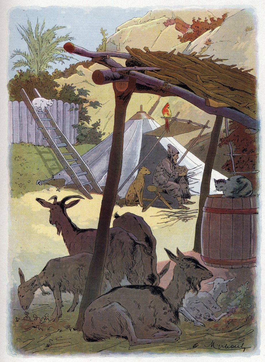 Robinson Crusoe thuis met zijn dieren door Felicien baron de Myrbach Rheinfeld