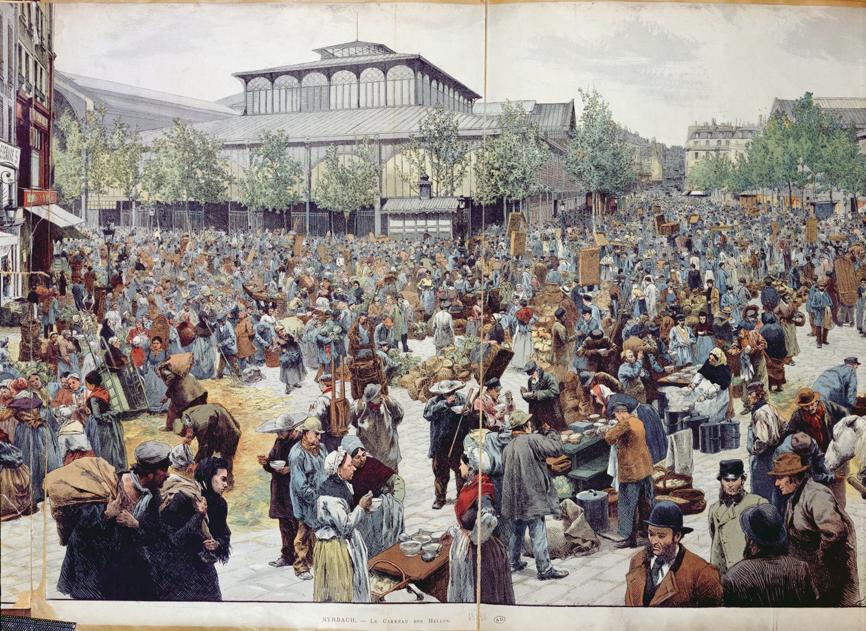 De markt in Les Halles, 1888 door Felicien baron de Myrbach Rheinfeld