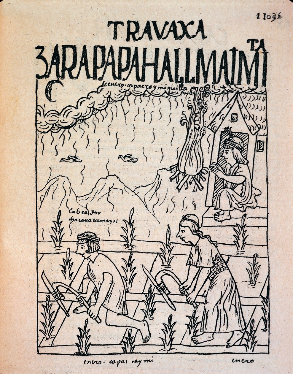 Een Inca Hatun Runa paar dat in januari op het veld werkt door Felipe Huaman Poma de Ayala