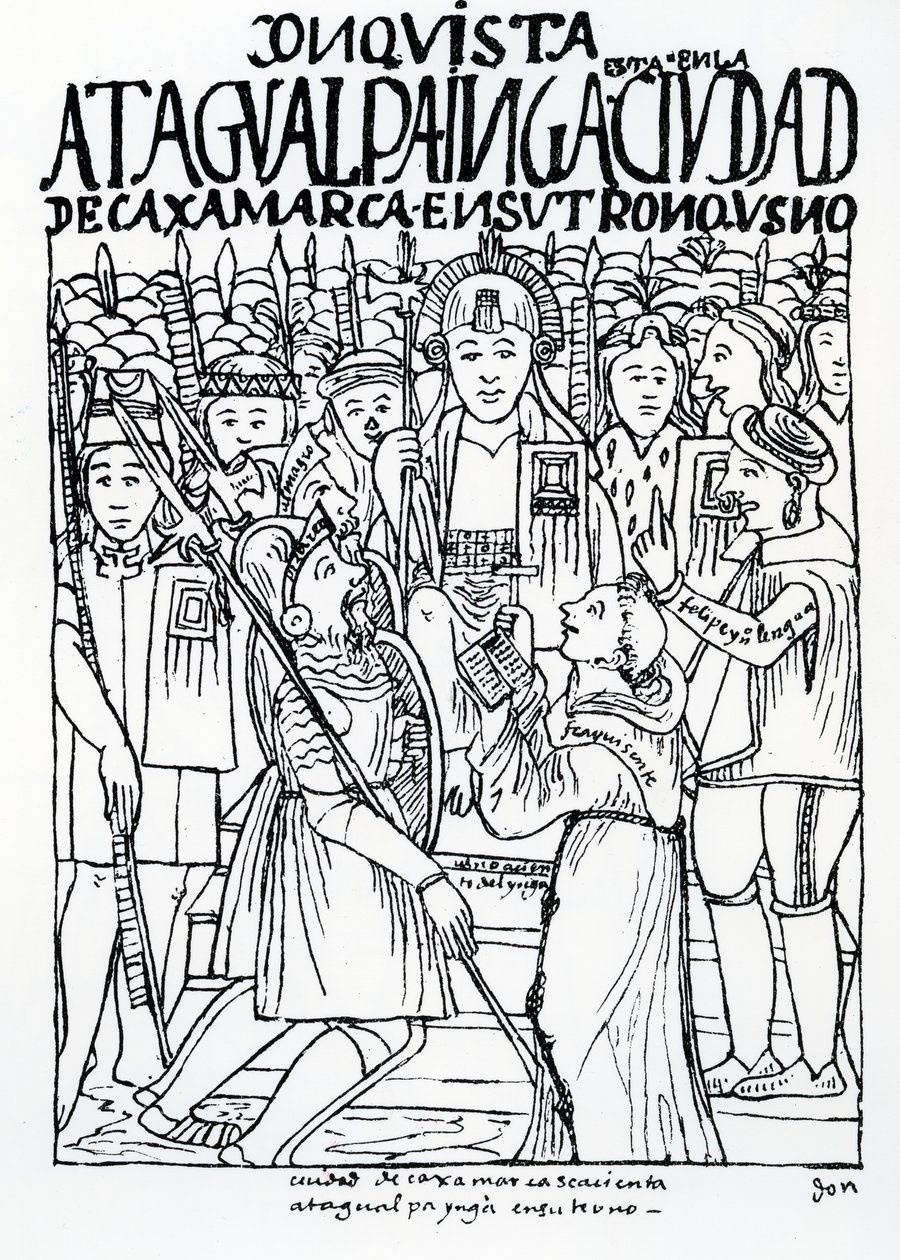 Diego de Almagro, Francisco Pizarro en Broeder Vicente de Valverde knielend voor Atahualpa Inca in Cajamarca door Felipe Huaman Poma de Ayala