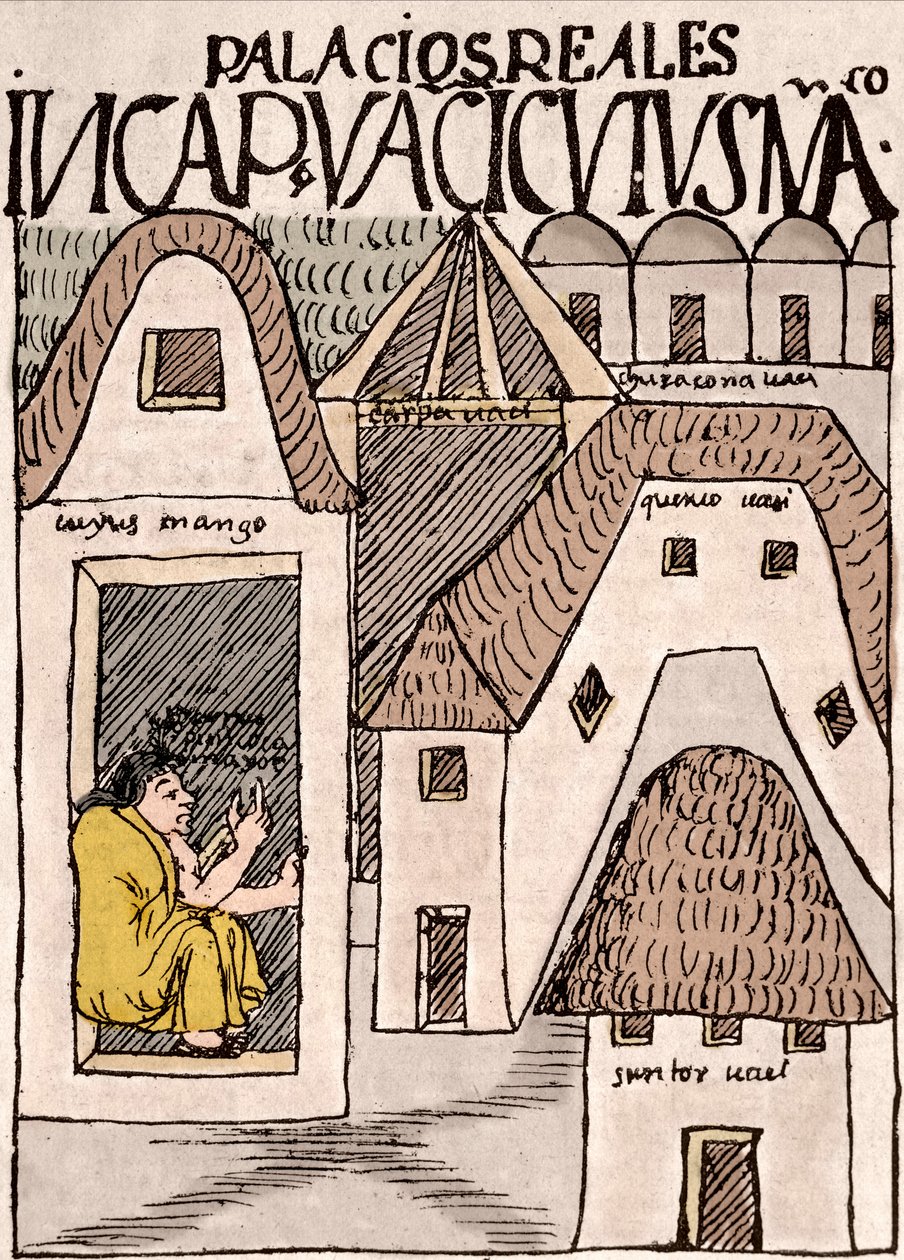 Inca Rijk: Tempels en paleizen in Cuzco, Peru - Inkttekening uit het manuscript “Nueva coronica y buen gobierno” door Don Felipe Puma de Ayala die het leven van de Inca