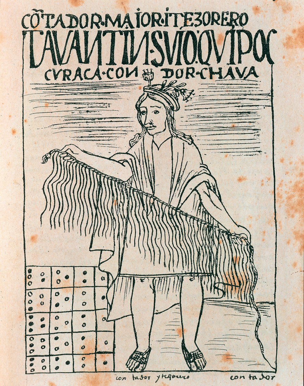 Inca-man die een quipu vasthoudt: een boekhoudsysteem met touwen en knopen (inkt tekening) door Felipe Huaman Poma de Ayala