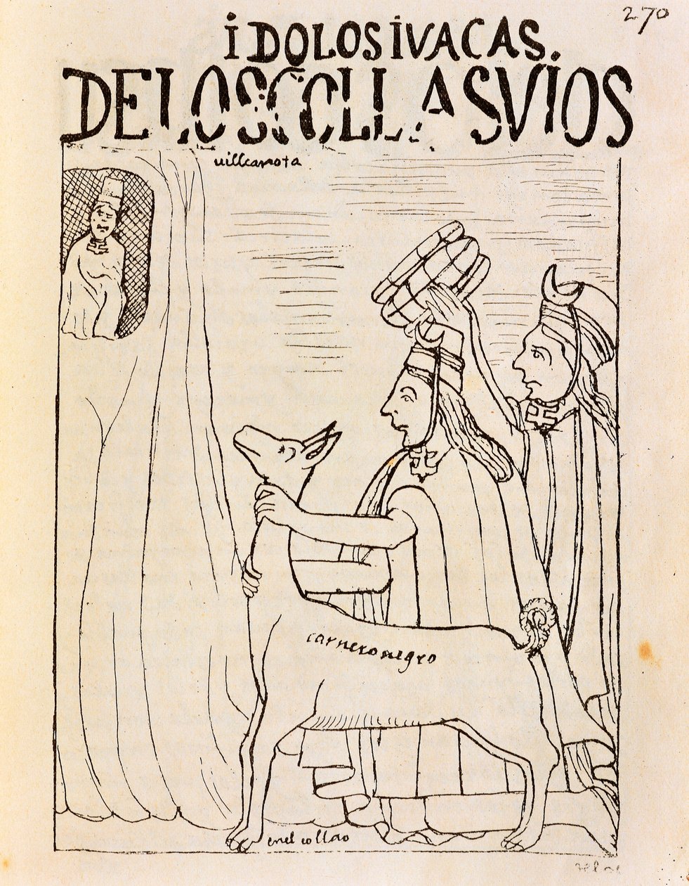 Inca offert lama aan afgoden (gravure) door Felipe Huaman Poma de Ayala