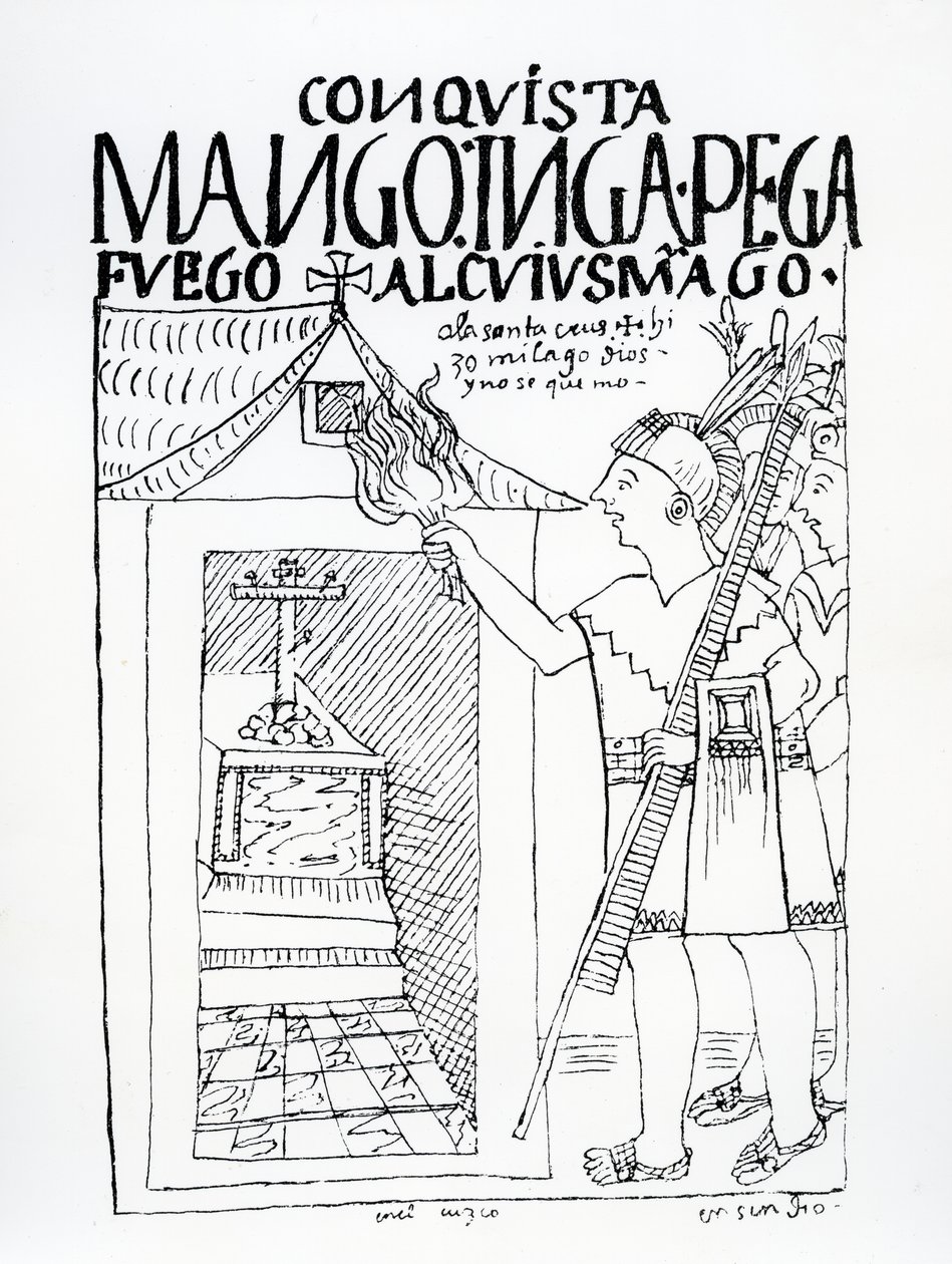 Manco Inca probeert het Inca-paleis van Cuyus Mango, dat was omgebouwd voor christelijke aanbidding, in brand te steken, maar God grijpt in door Felipe Huaman Poma de Ayala