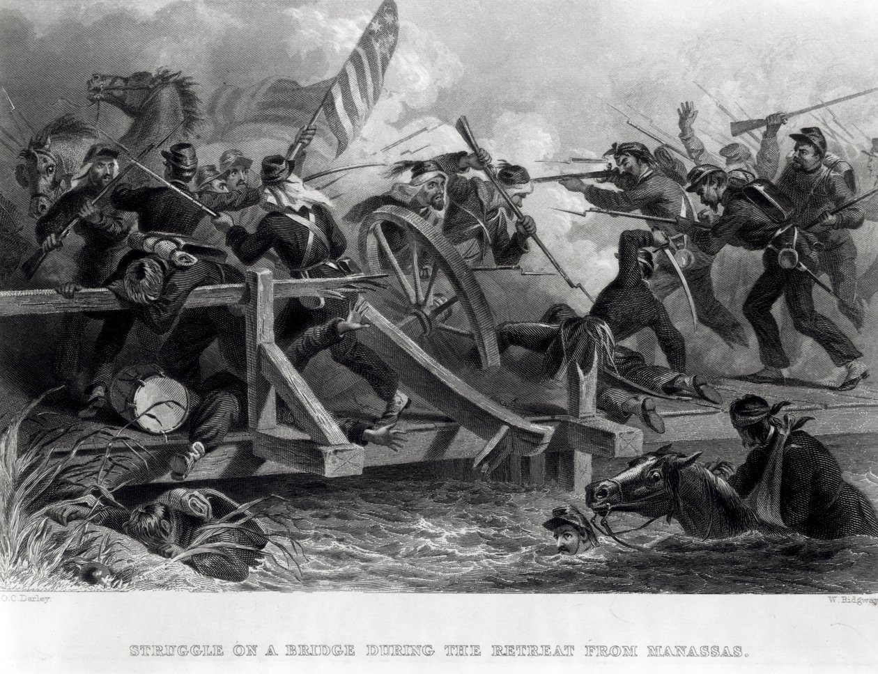 Strijd op een brug tijdens de terugtocht van Manassas, juli 1861, gegraveerd door W. Ridgway, 1862 door Felix Octavius Carr Darley