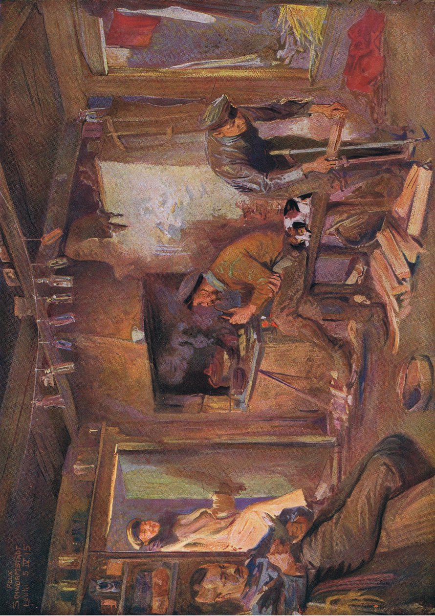 Huiselijk gevestigd in vijandelijk gebied, illustratie uit Hindenburg uitgegeven door Daterlandischer Derlag C U Weller Berlijn, 1922 door Felix Schwormstadt
