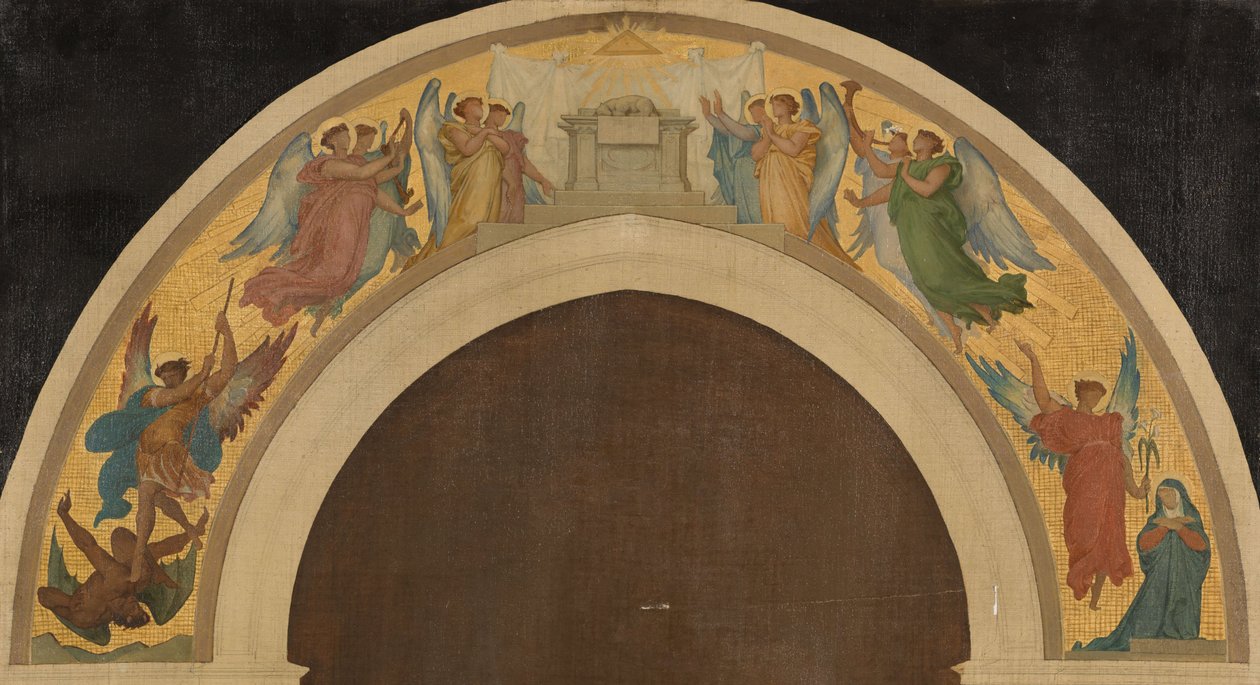 Schets voor de Drievuldigheidskerk: Het Paaslam. Groep aanbiddende engelen. De aartsengel Michaël overwint de duivel. De Aankondiging. Sint Paulus. Sint Petrus, circa 1864 door Felix A.M. (after) Jobbe Duval