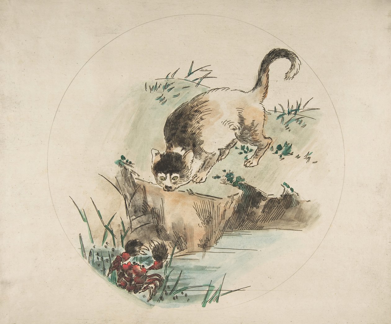 Decoratie voor een bord: een kat die een krab jaagt, 1850-1914 door Felix Bracquemond