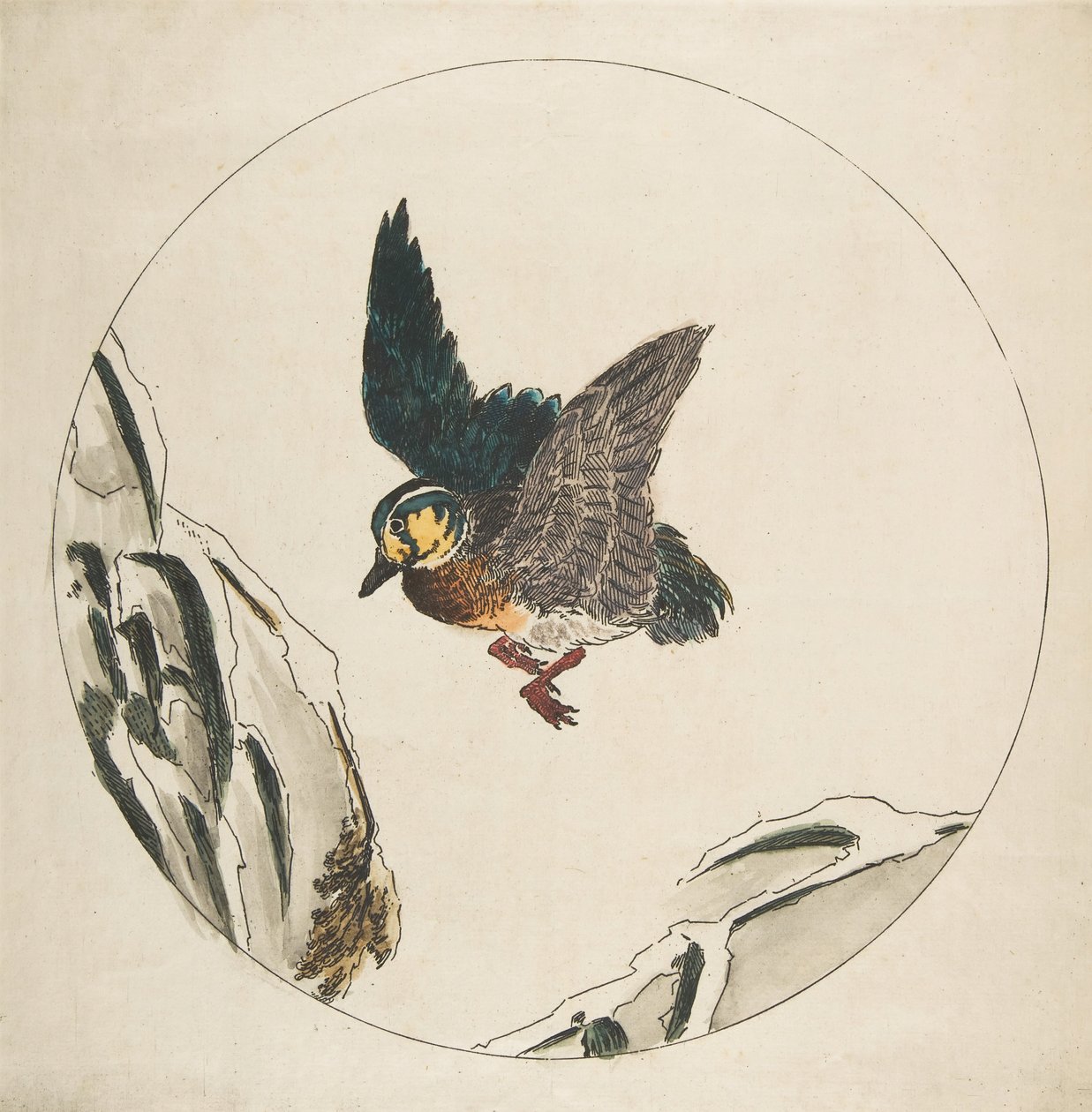 Decoratie voor een bord: Een eend die over met sneeuw bedekte takken vliegt, 1850-1914 door Felix Bracquemond