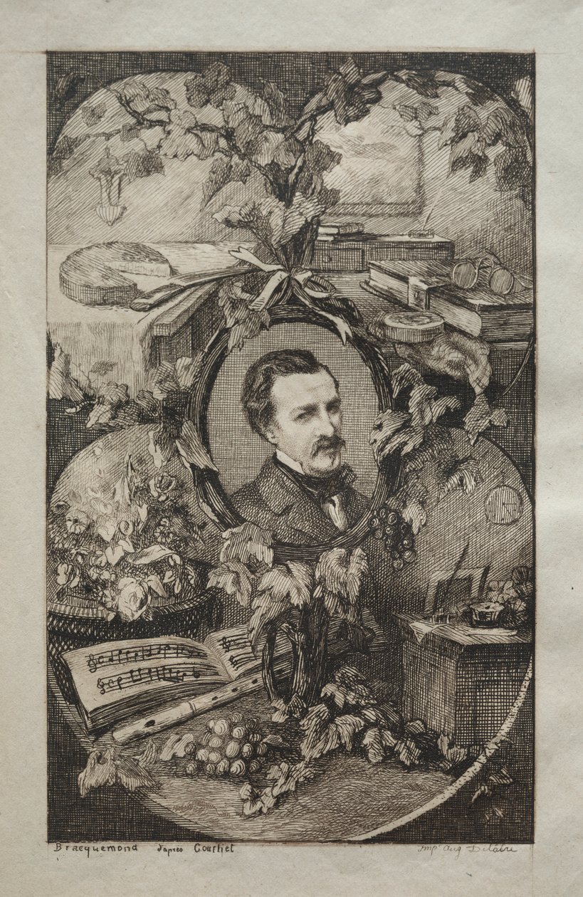 Frontispice voor "Nieuwe Werken van Champfleury, De Vrienden van de Natuur:" Portret van Champfleury, naar Gustave Courbet door Felix Bracquemond