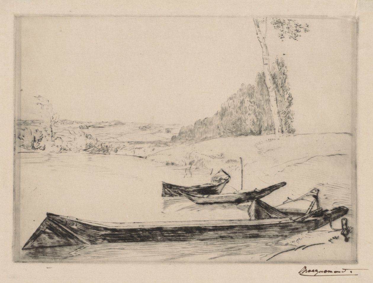 Kleine veerboten aan de oevers van de Seine, c. 1858 door Felix Bracquemond