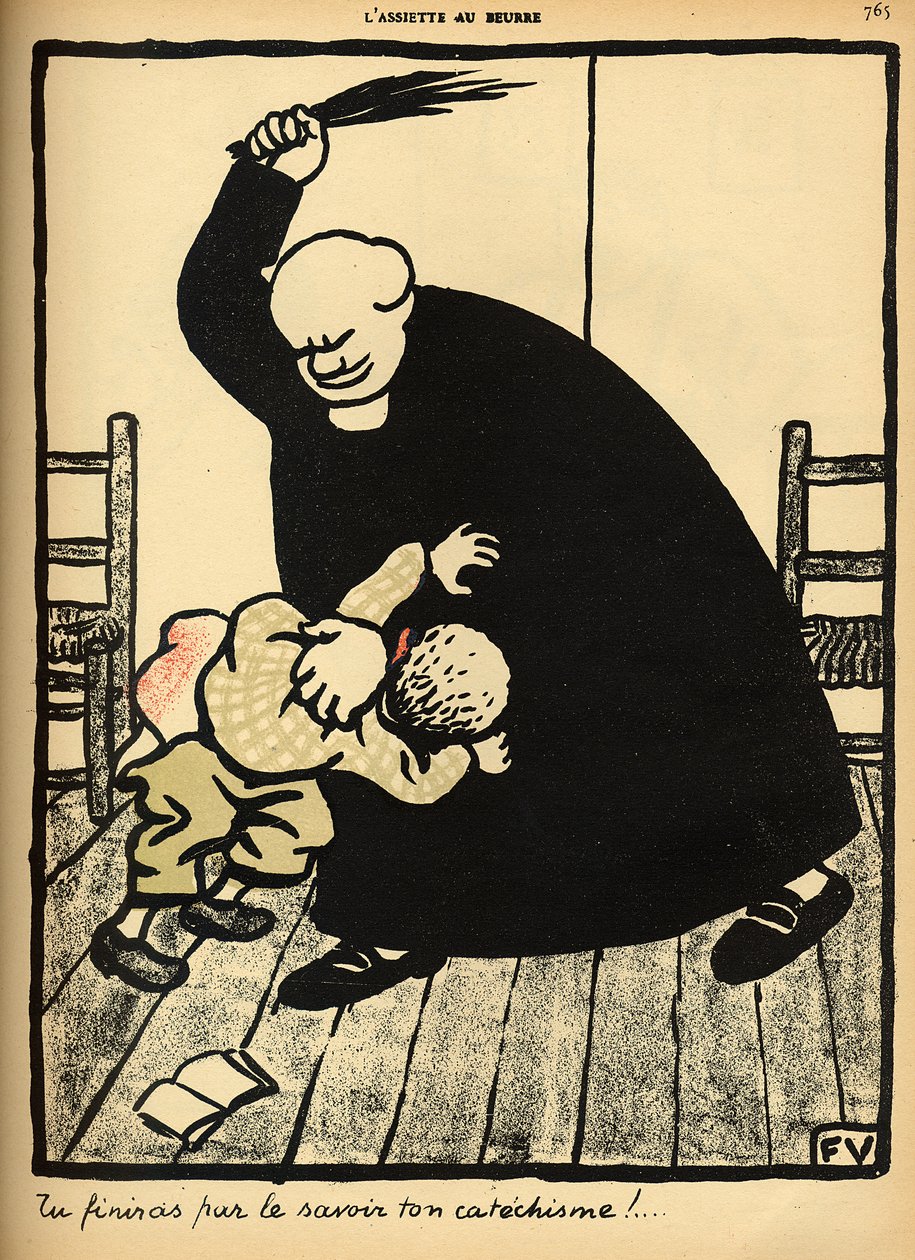 Een priester slaat een jongen, uit 