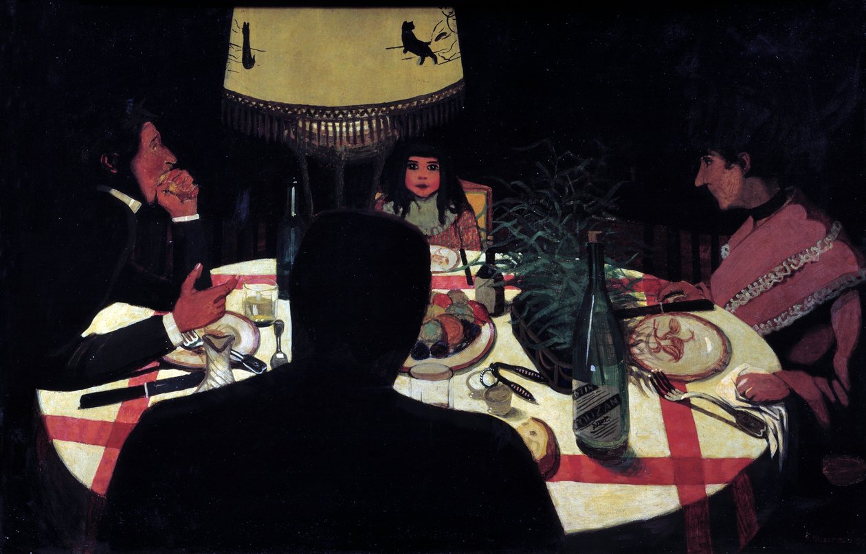 Diner, lampeffect. Voorstelling van de schilder omringd door zijn vrouw en mooie kinderen door Felix Edouard Vallotton