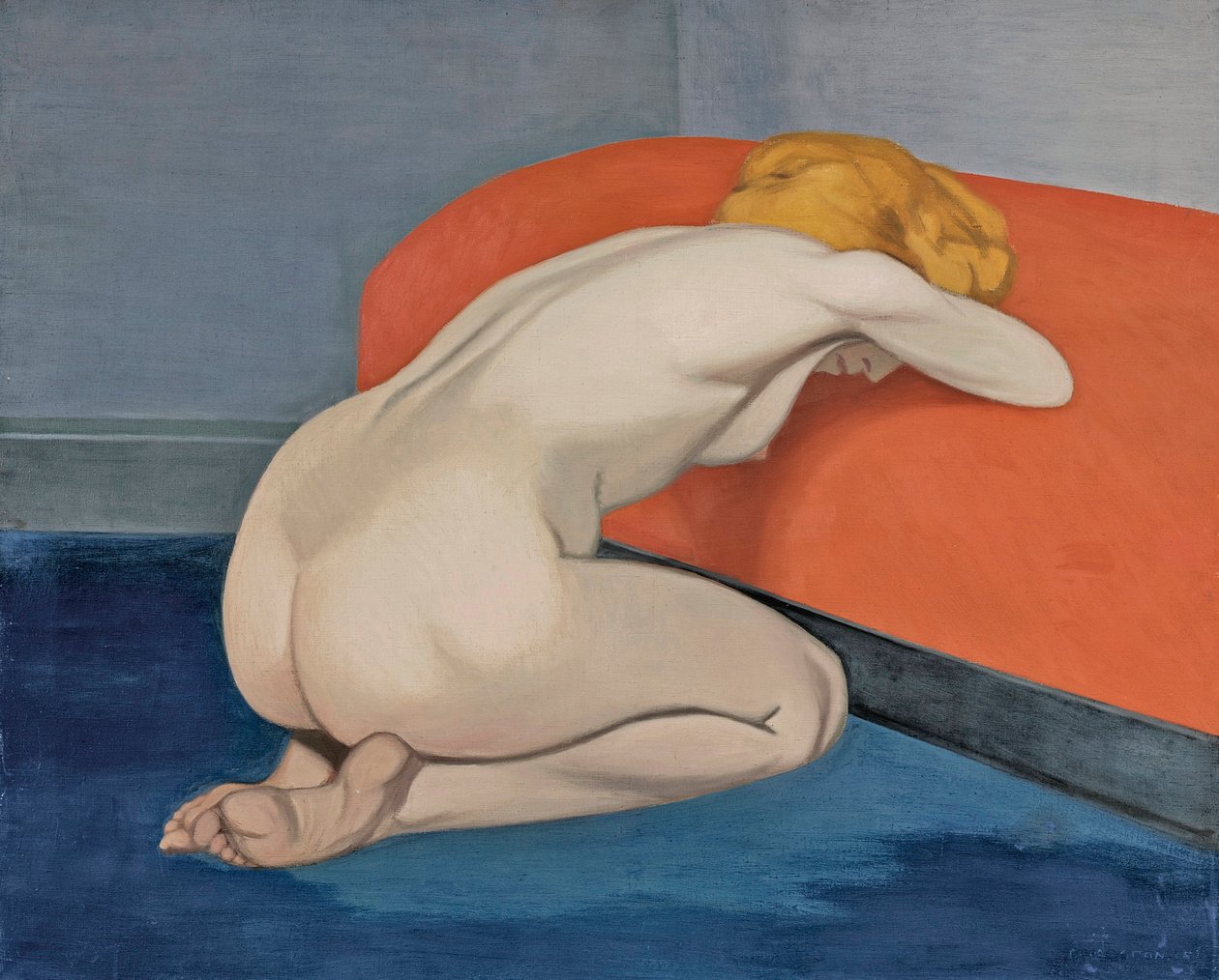 Naakte vrouw knielend voor een rode bank door Felix Edouard Vallotton