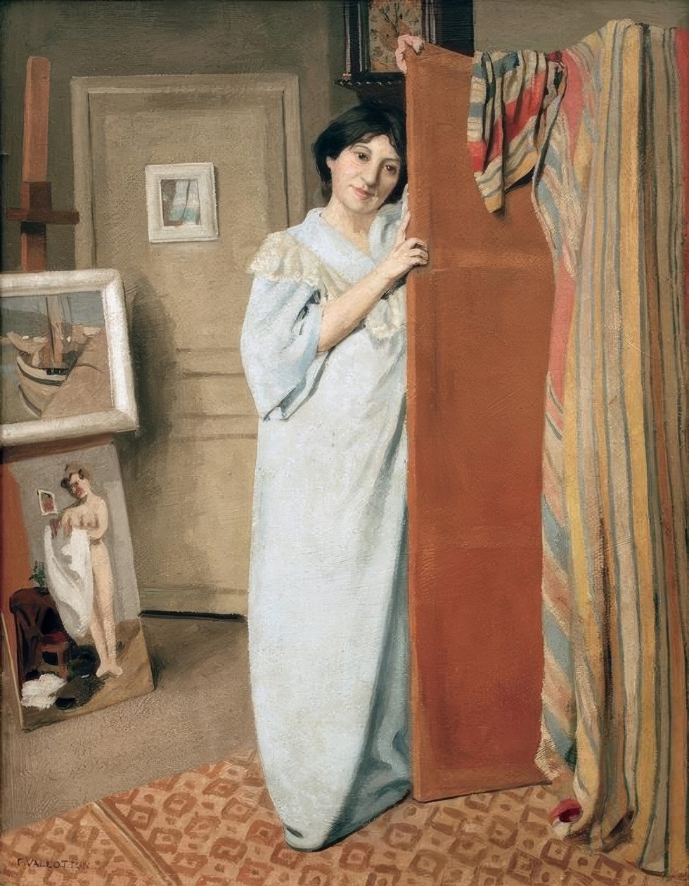 Atelierinterieur met de vrouw van de kunstenaar door Felix Edouard Vallotton