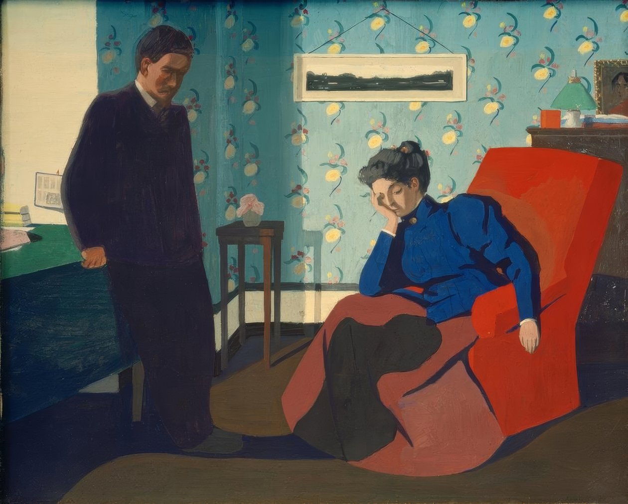 Interieur met rode fauteuil en figuren door Felix Edouard Vallotton