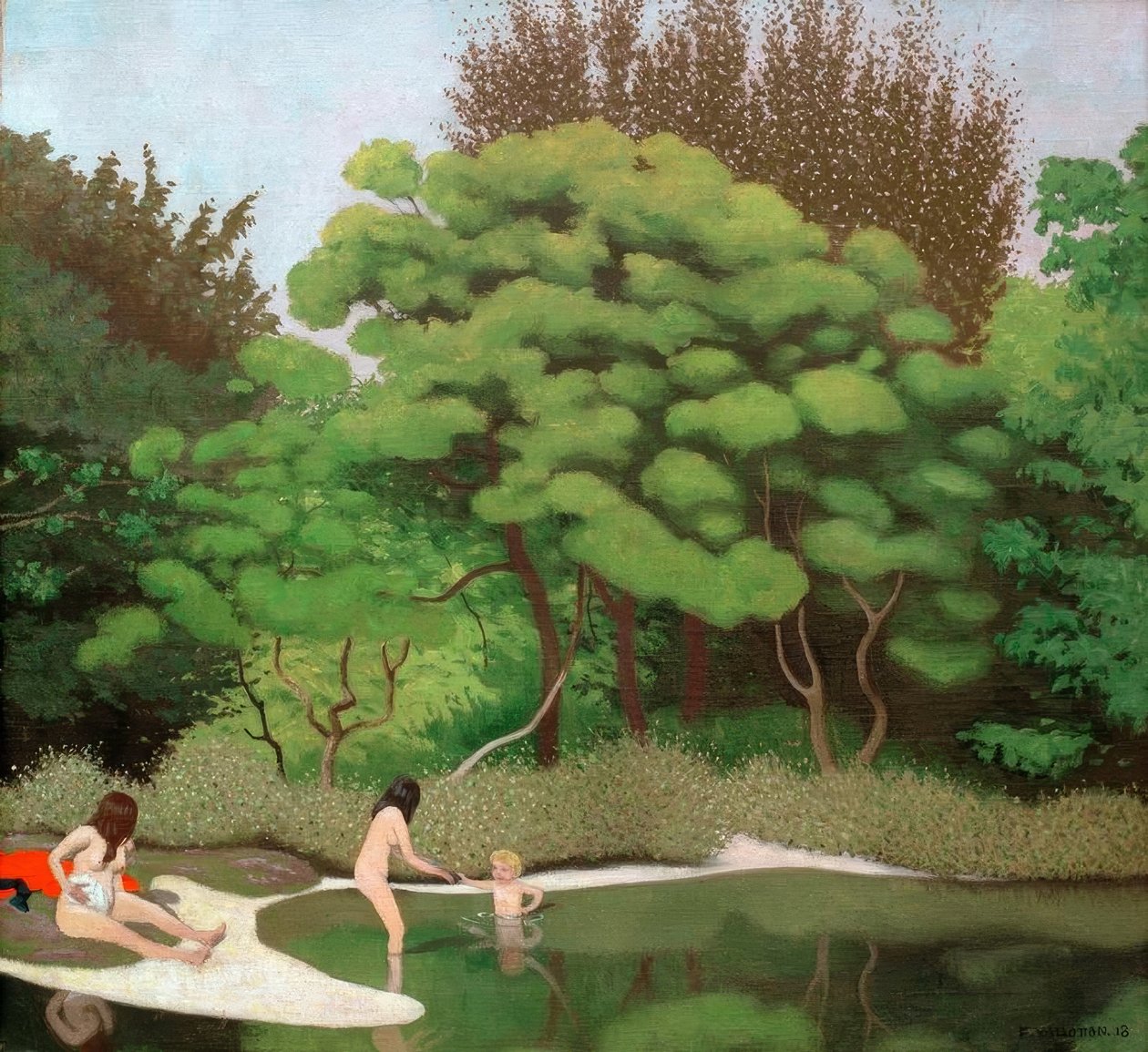 Zonnig boslandschap, met twee vrouwen en een kind door Felix Edouard Vallotton
