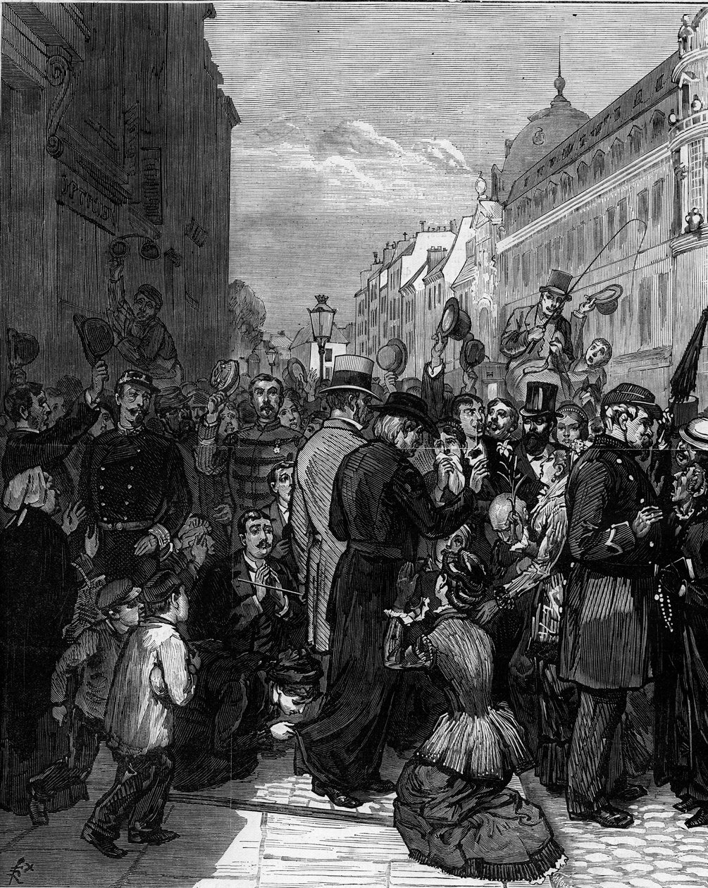 Deportatie van de Jezuïeten uit de Rue de Sevres in Parijs na de decreten van maart 1880 uitgevaardigd door Jules Ferry en het verwijderen van het recht om les te geven aan leden van niet-erkende religieuze congregaties: de Parijse bevolking toont solidari door Felix Elie Regamey