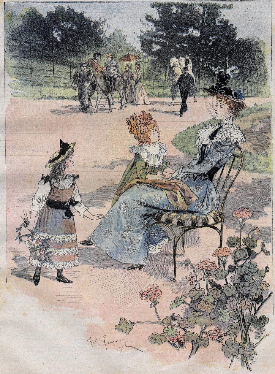 De kinderwandeling naar de acclimatisatietuin in Parijs in 1892. Gravure de founery aquerelle door Felix Fournery