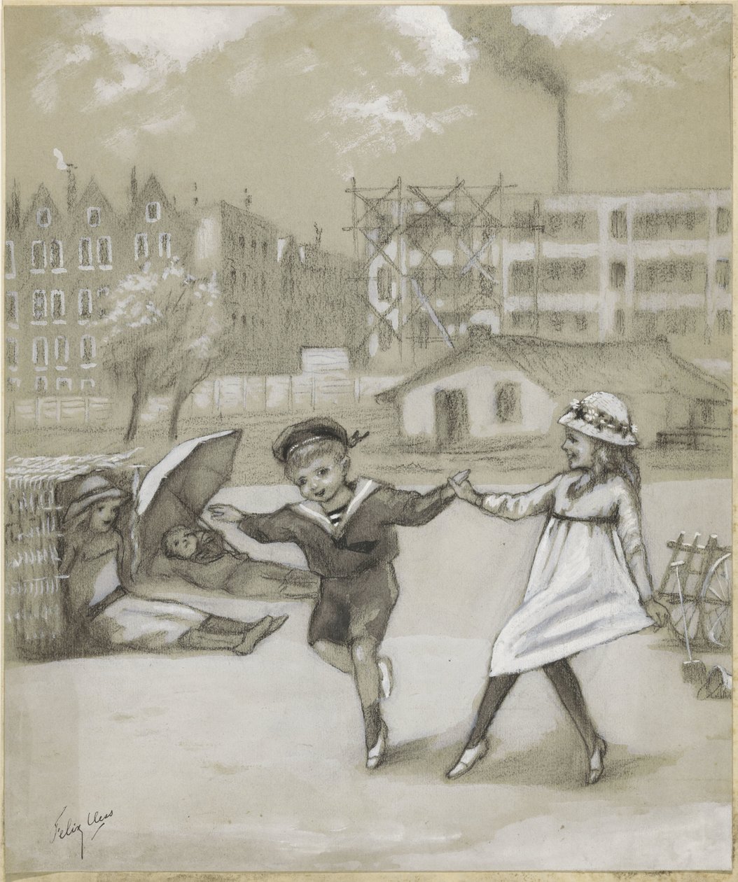 Dansende jongen en meisje in een stadspark of speeltuin door Felix Hess (signed by artist)