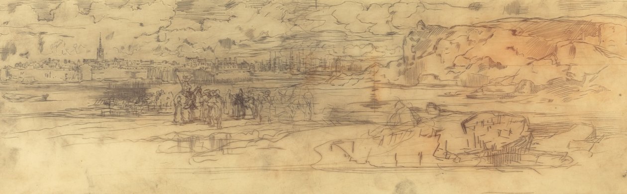 Estuarium met een versterkte haven links en kliffen rechts door Felix Hilaire Buhot