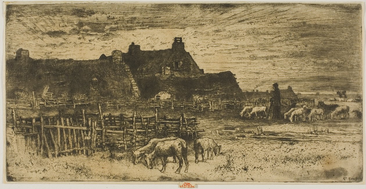 Schapenstal bij zonsondergang door Felix Hilaire Buhot