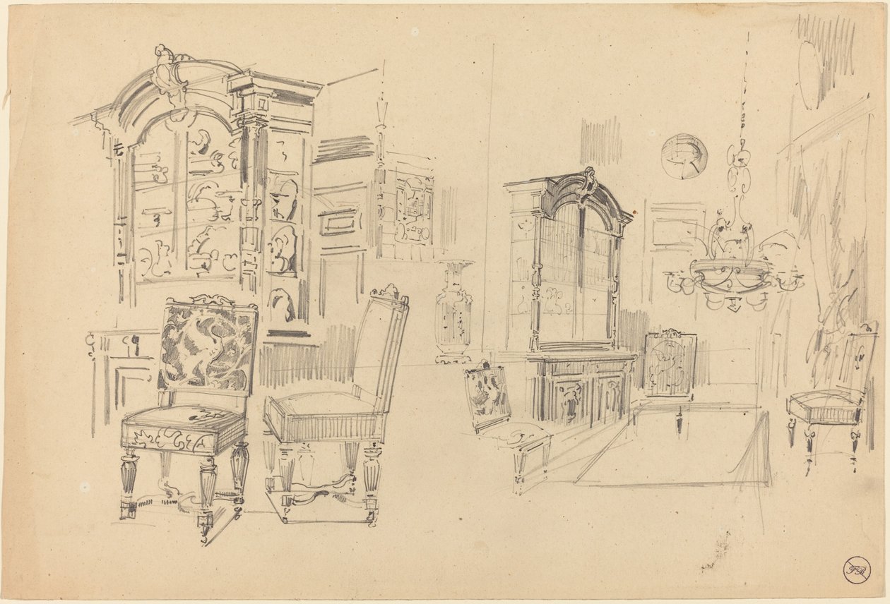 Twee studies van een interieur met meubels door Felix Hilaire Buhot
