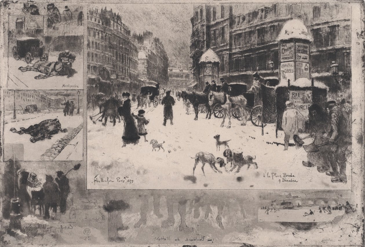 Winter in Parijs, of Sneeuw in Parijs, 1879 door Felix Hilaire Buhot