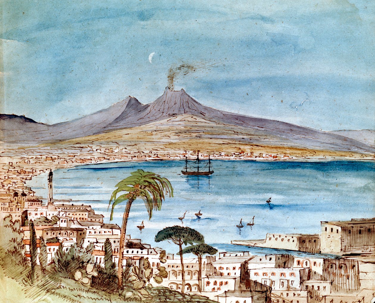 Aquarel van de Vesuvius door Felix Mendelssohn uit een prentenboek voor zijn zoon Paul door Felix Mendelssohn