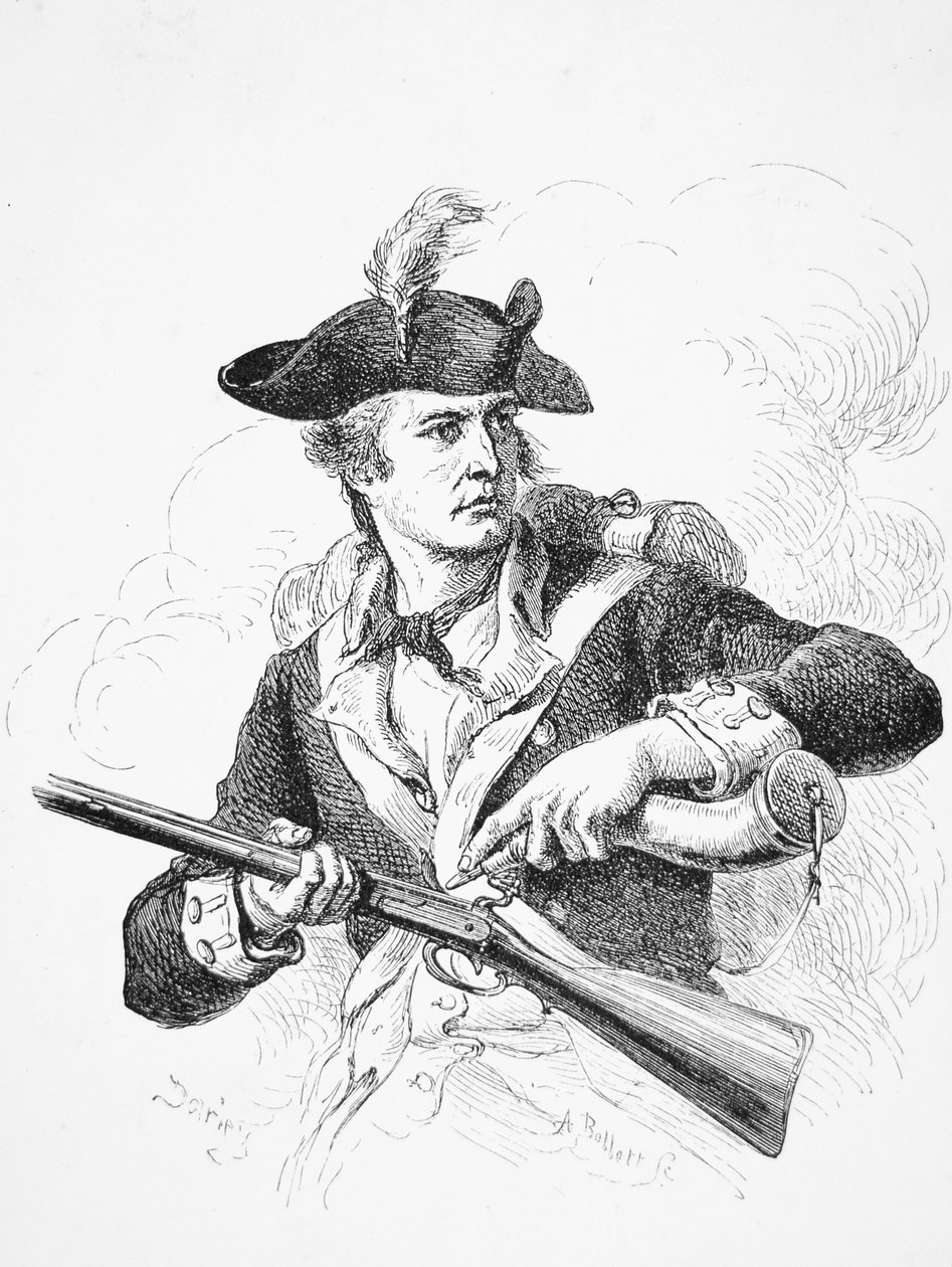 Een Amerikaanse soldaat tijdens de Onafhankelijkheidsoorlog, die zijn poederhoorn gebruikt om de pan van zijn vuursteengeweer te vullen, gegraveerd door A. Bollett (gravure) door Felix Octavius Carr (after) Darley