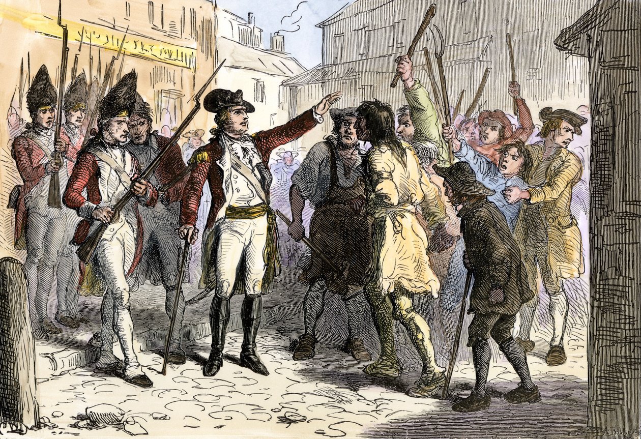 Koninklijke gouverneur Sir William Tryon ging de confrontatie aan met de volksklassen van het Amerikaanse volk die in opstand kwamen tegen corrupte koloniale officieren, North Carolina door Felix Octavius Carr (after) Darley
