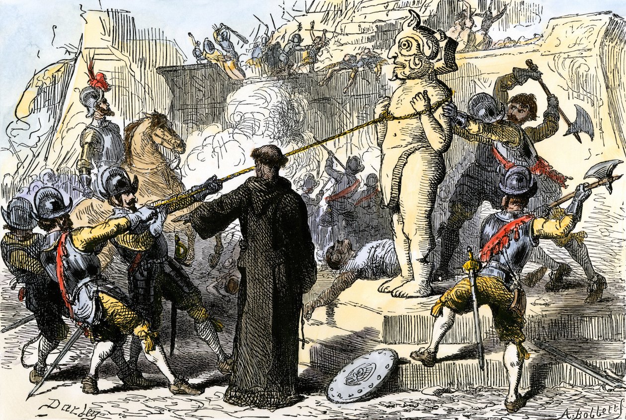 Spaanse priesters vernietigen de Azteekse afgodsbeelden van Mexico. 19e eeuw (ingekleurde gravure) door Felix Octavius Carr Darley
