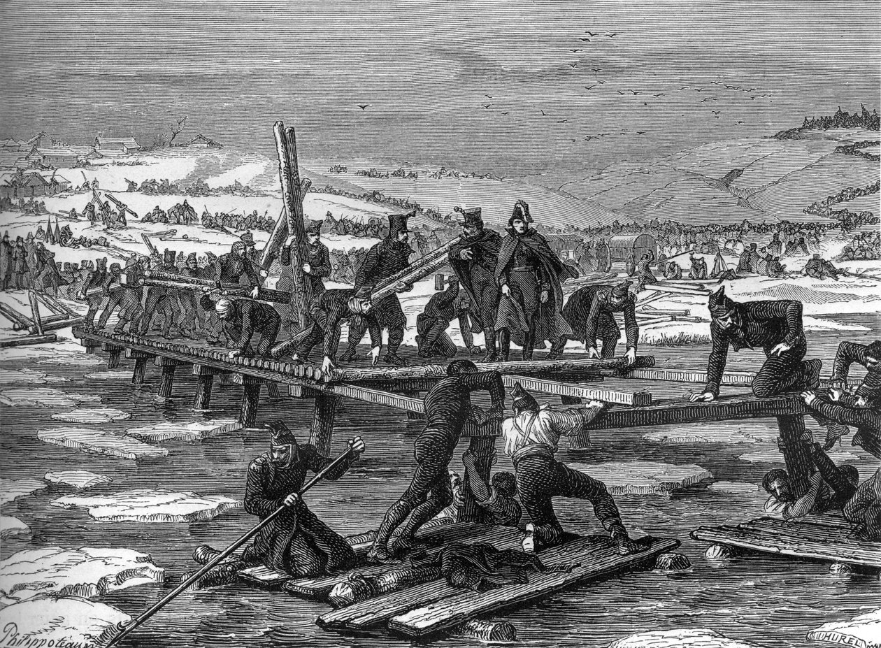 Pontoniers van het Napoleontische leger die de Berezina oversteken door Felix Philippoteaux