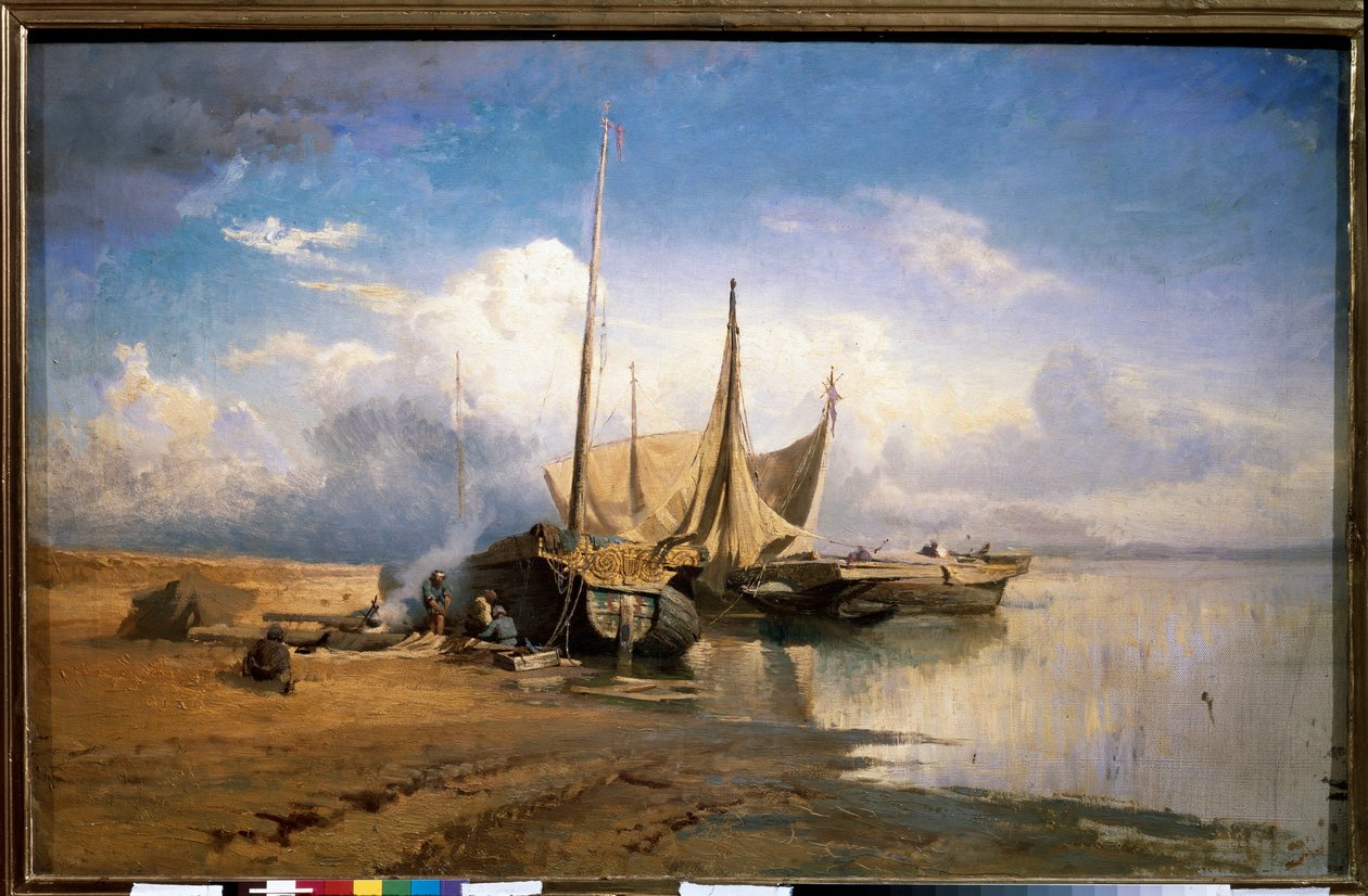 Uitzicht op de Wolga, boten door Feodor Alexandrovich Vassiliev