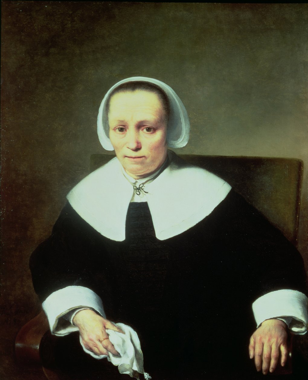 Portret van een dame met witte kraag en manchetten door Ferdinand Bol