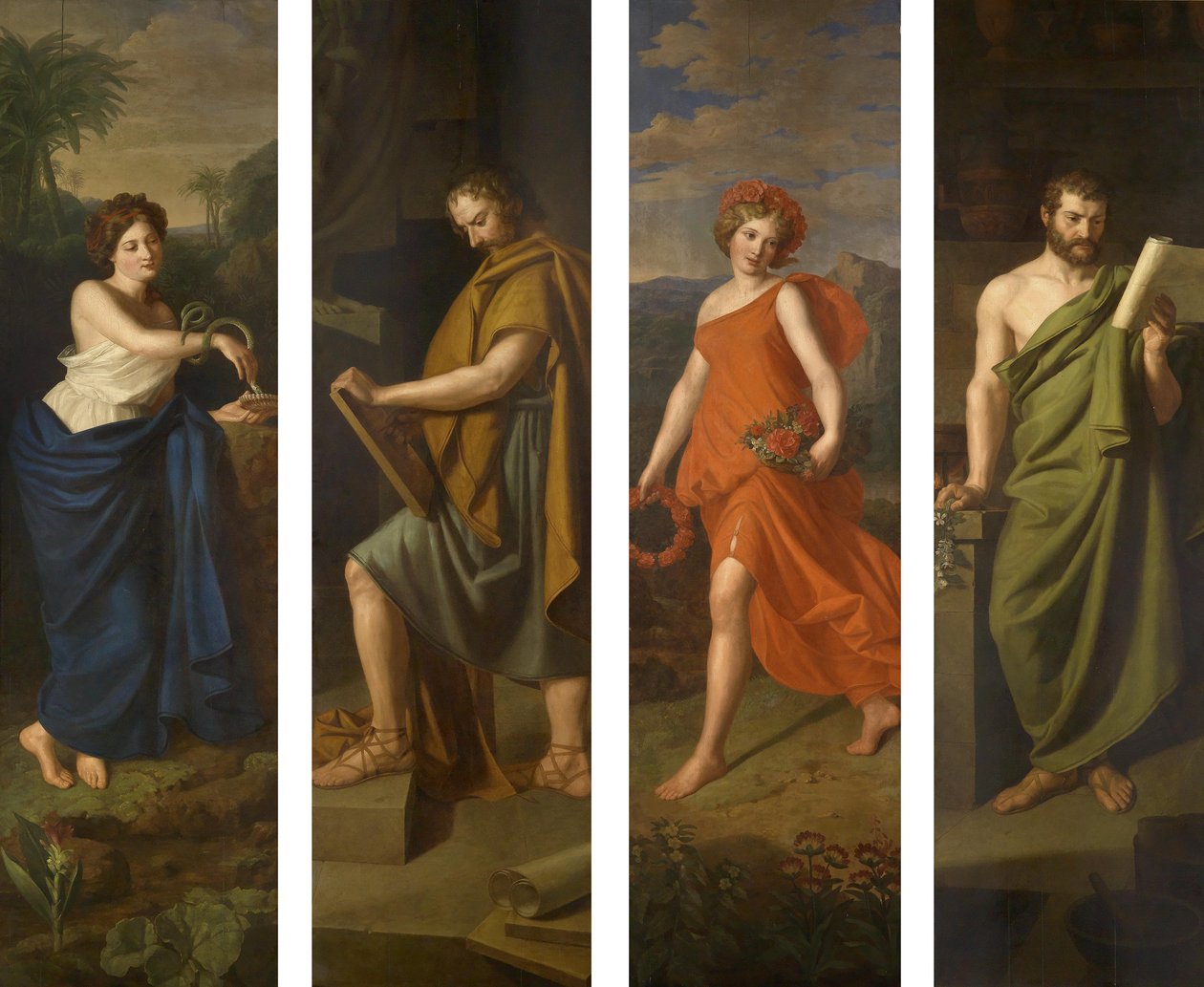 Hygieia, Hippocrates, Flora en Galenus door Ferdinand Georg Waldmuller