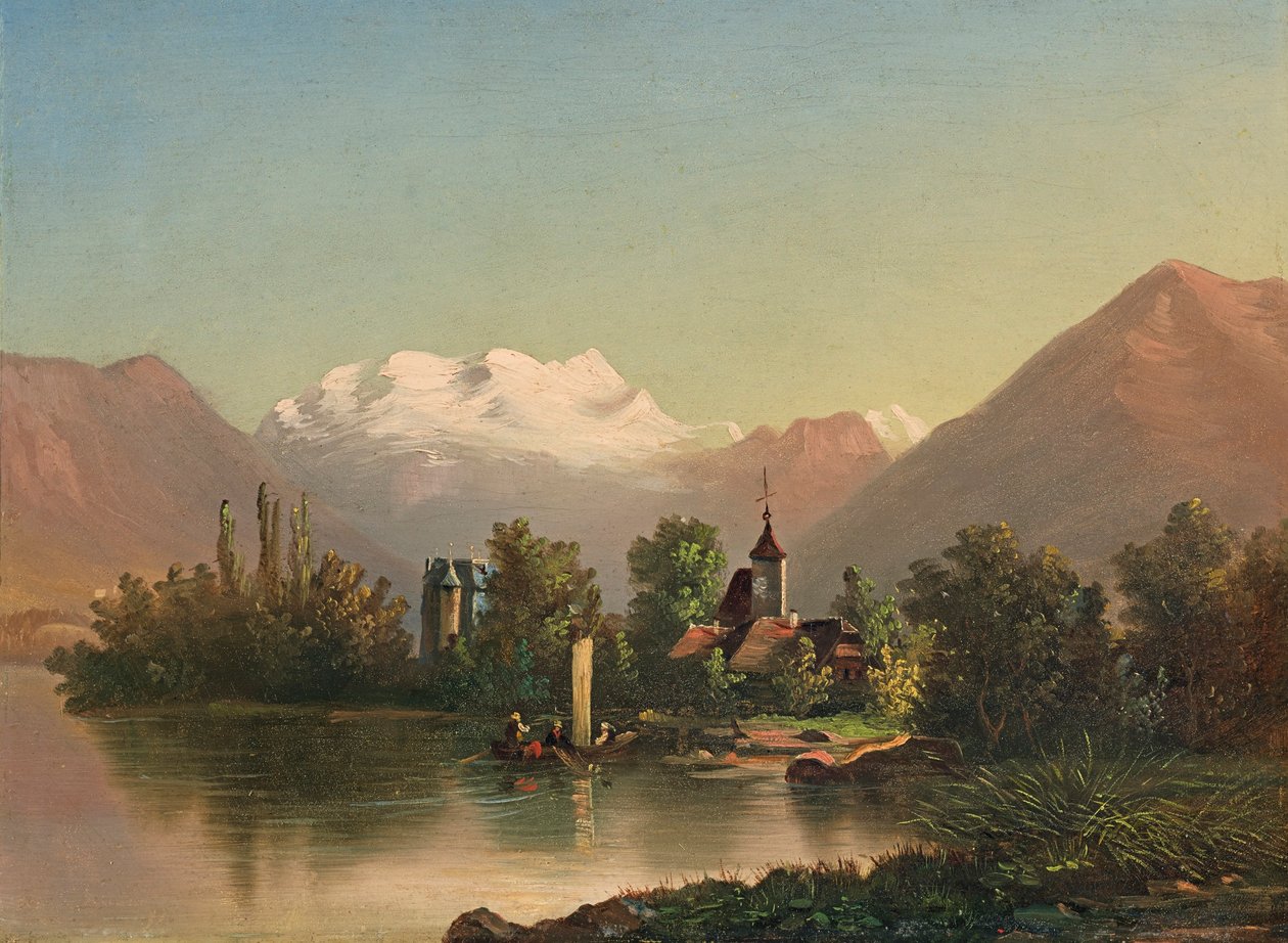 Kasteel Schadau met Kerk van Scherzlingen en Blümlisalp (1871) door Ferdinand Hodler