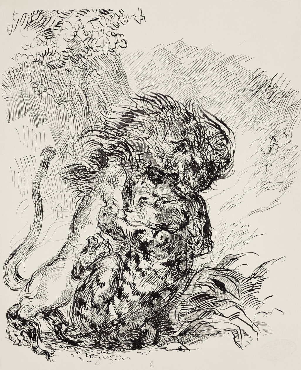 Een leeuw die een tijger aanvalt door Ferdinand Victor Eugene Delacroix
